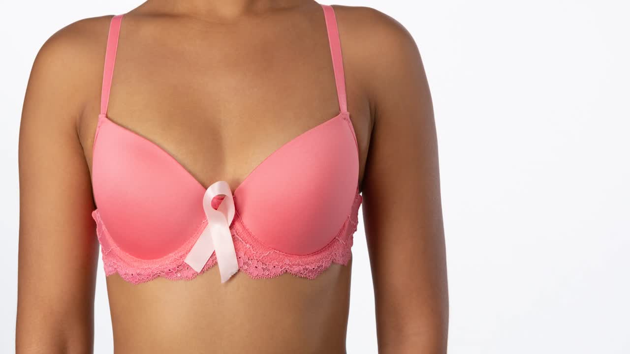 Animation of breast cancer awareness text over biracial woman