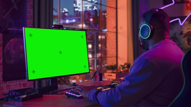 Excited Gamer Playing Online Video Game with a Mock Up Green Screen on His Powerful Personal Computer. Room and PC have Colorful Neon Led Lights. Cozy Evening at Home in Loft Apartment. Static Shot.
