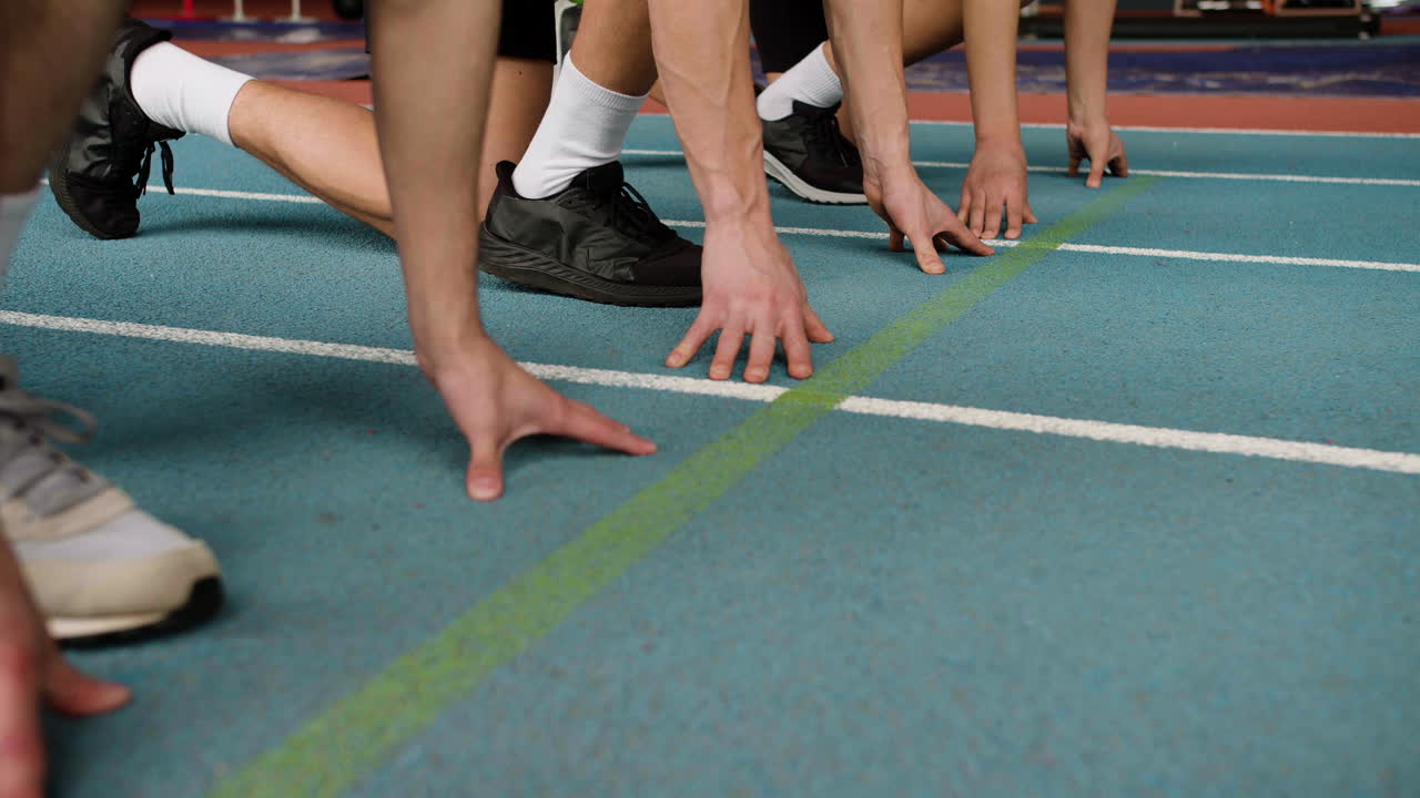 달리기 트랙 에 있는 세 명 의 운동 선수 들