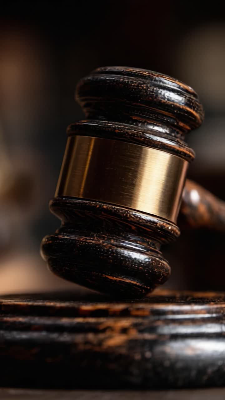 A Close-Up View of a Judge's Gavel Resting on a Sound Block, Symbolizing Legal Authority and Judicial Proceedings in a Courtroom Setting