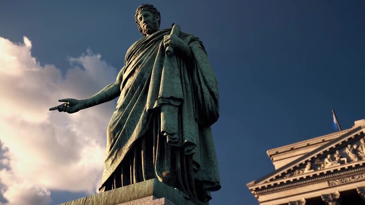 Maestosa statua classica di un uomo con pergamena su sfondo di cielo azzurro