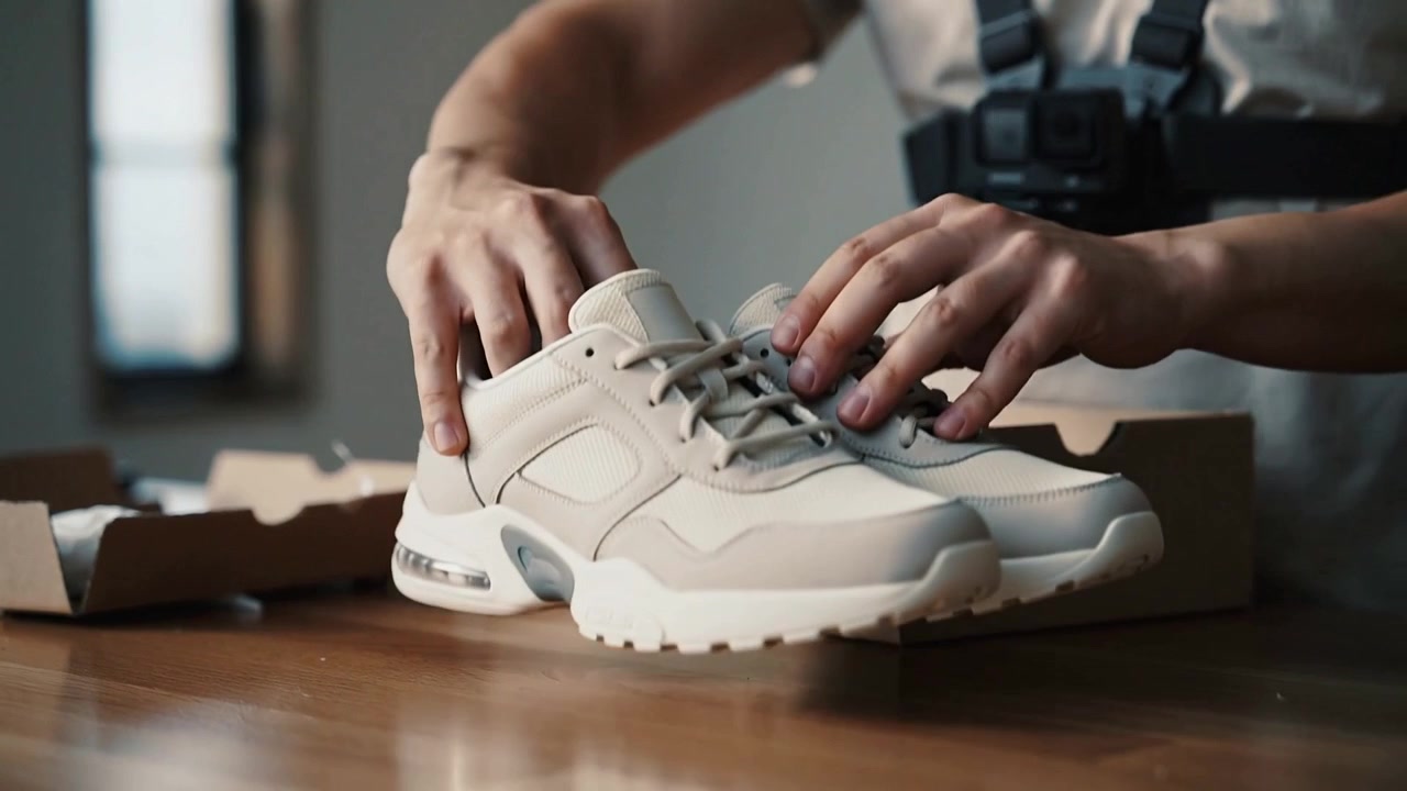 Un uomo con telecamera sul petto solleva scarpe da ginnastica dalla scatola e le posiziona su un tavolo di legno, registrando una recensione.