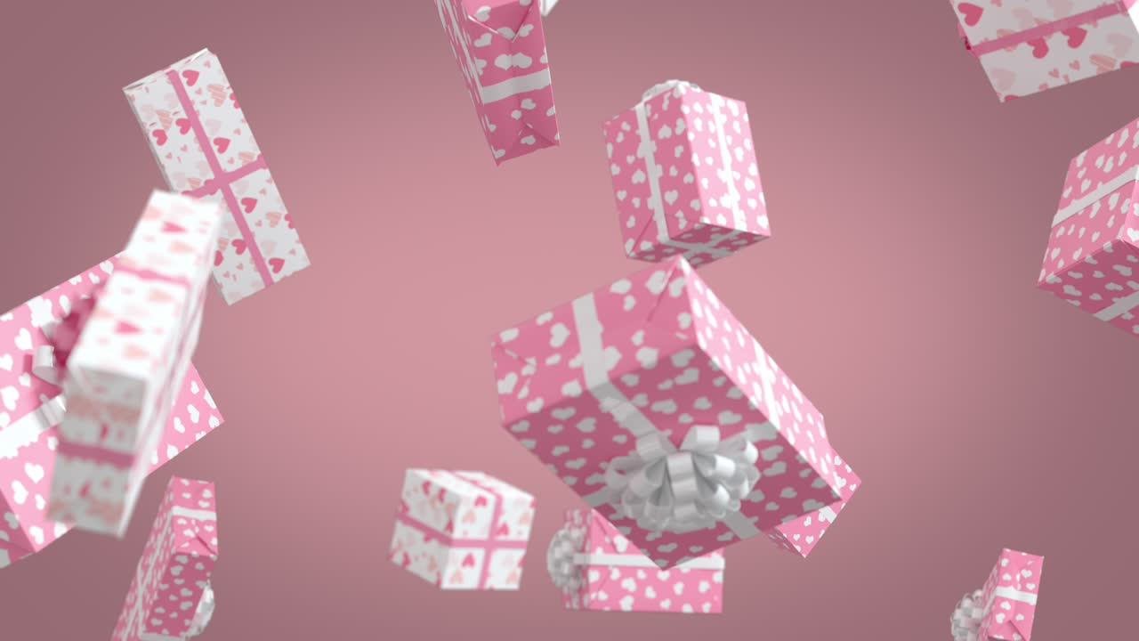 Regali di San Valentino rosa tenue che cadono su sfondo viola