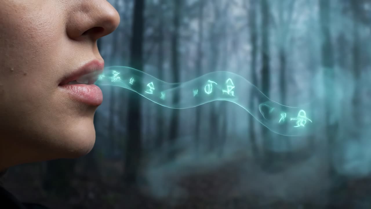 Close-up of Mouth Speaking Glowing Magic Runes in Dark Forest