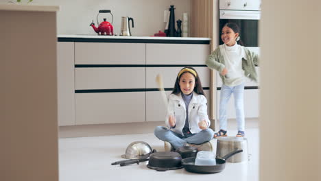 Children,-kitchen-and-happy-with-pot-drums