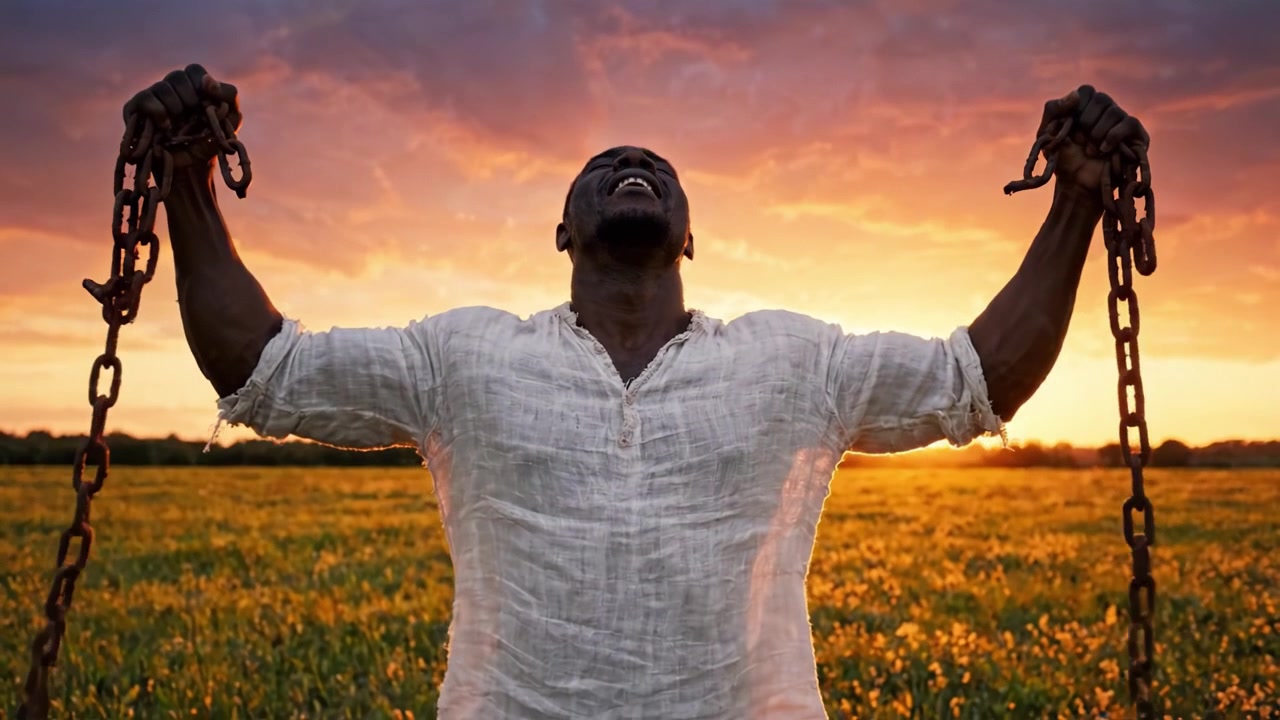 A Powerful Representation of Freedom and Resilience: A Man Breaking Chains Against a Stunning Sunset in a Flourishing Field Symbolizing Hope and Liberation