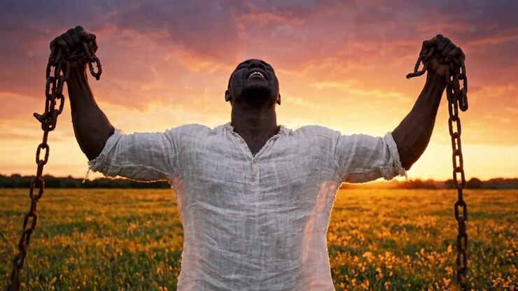 A Powerful Representation of Freedom and Resilience: A Man Breaking Chains Against a Stunning Sunset in a Flourishing Field Symbolizing Hope and Liberation