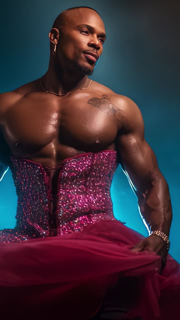 A Confident Man in a Sparkling Pink Dress Showcasing Strength and Elegance Against a Dramatic Background with Vibrant Lighting