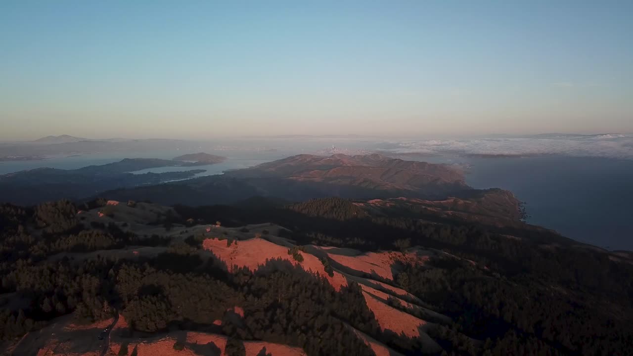 Flying Over Pictuiresque Hills of Mount Tamalpais With View on Richardson Bay, San Francisco, California USA