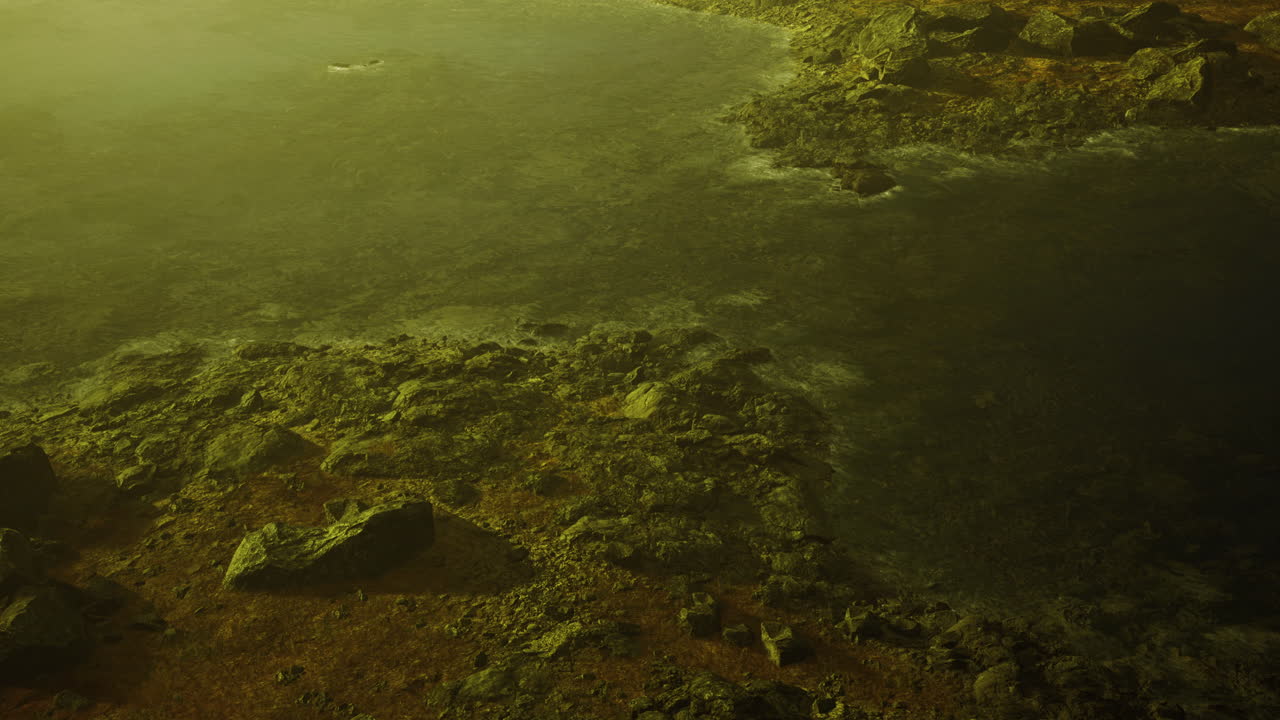Mysterious shore reveals natures tranquility at misty twilight hour