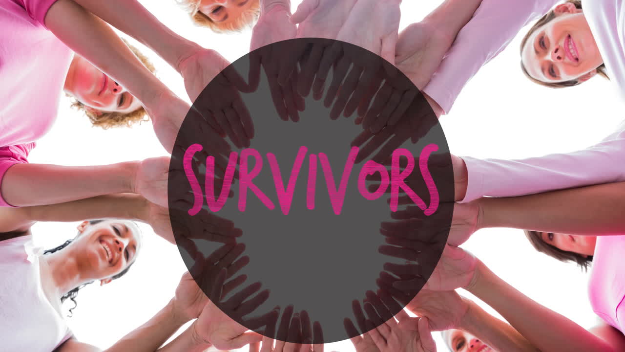 Animation of pink ribbon logo with survivor text over diverse group of smiling women