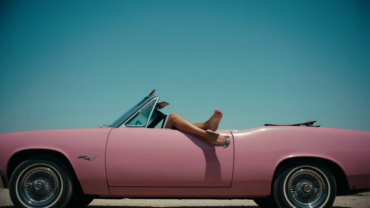 Legs out of a pink convertible on a sunny day