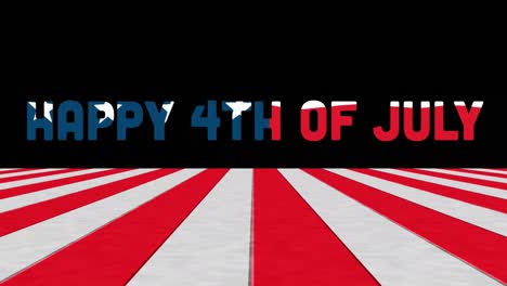 animation of happy 4th of july text over red and white stripes on black background