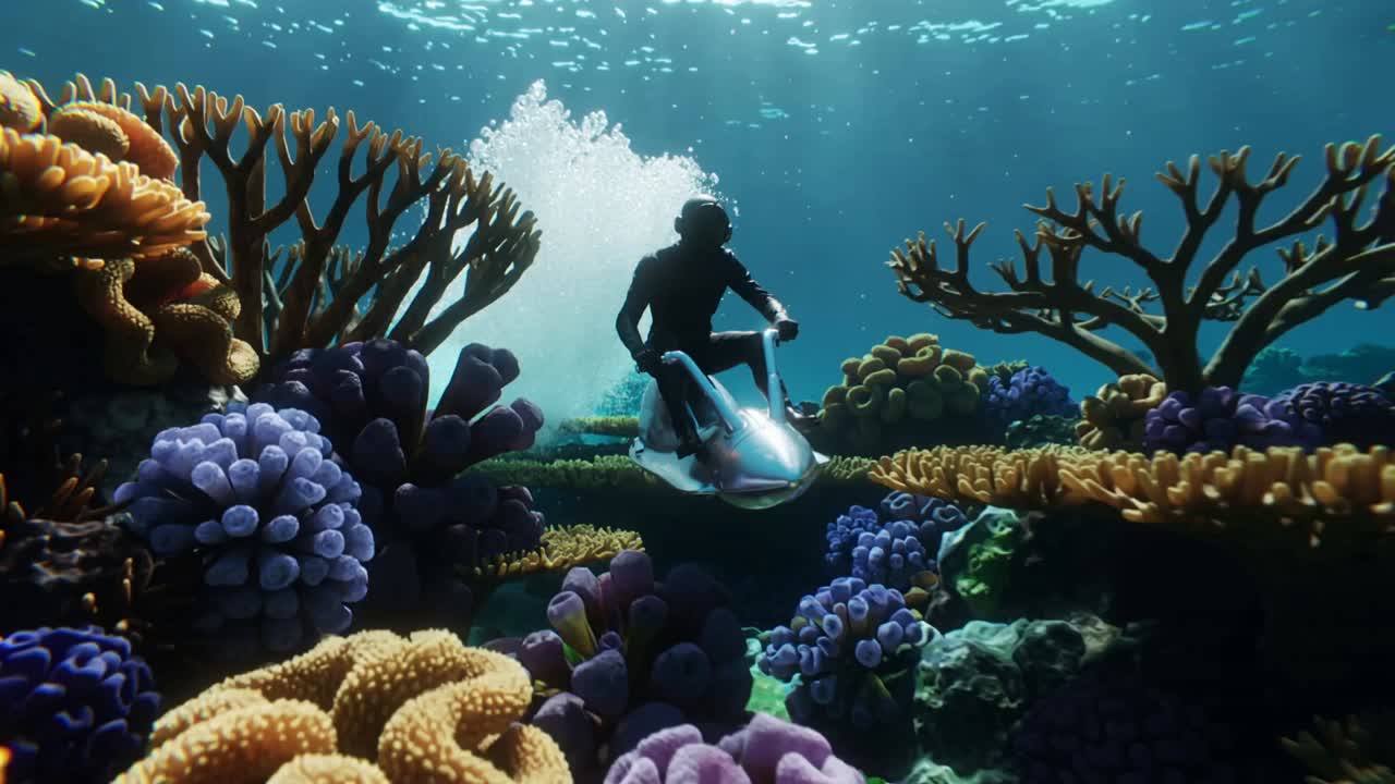 Scia di bolle che inizia, surfista in muta che naviga tra sporgenze coralline su un mezzo argentato, con scia di bolle