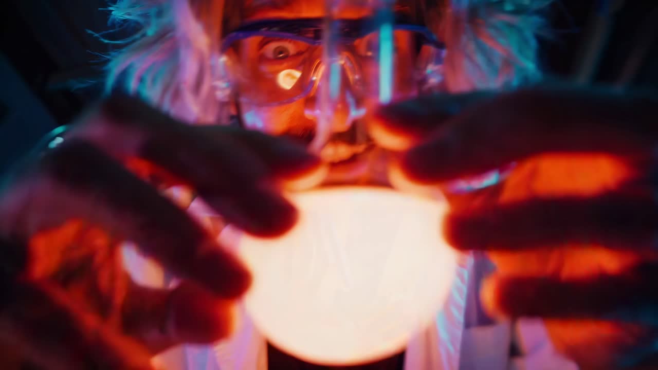 Scienziato pazzo che sperimenta con una sfera luminosa