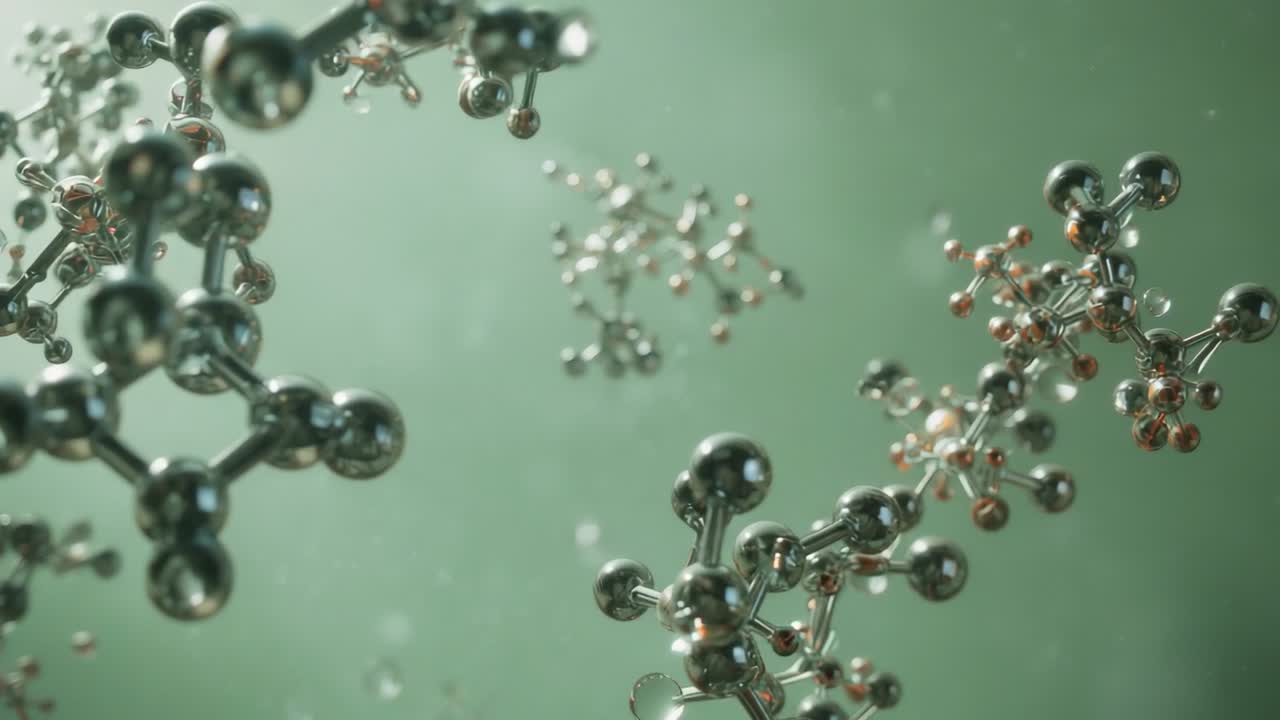 Launching polished metallic molecular assembly drifting across green field, showing bonding angles