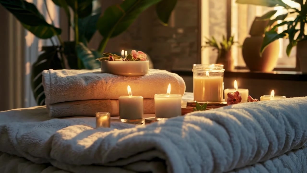 Tændte stearinlys og bløde håndklæder skaber en afslappende spa-atmosfære
