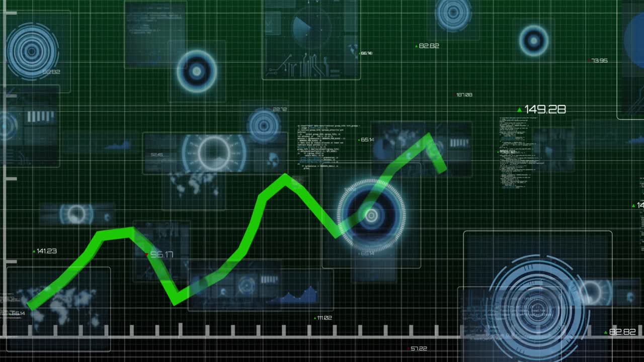 animación del procesamiento de datos con línea verde sobre escaneos de alcance en fondo negro