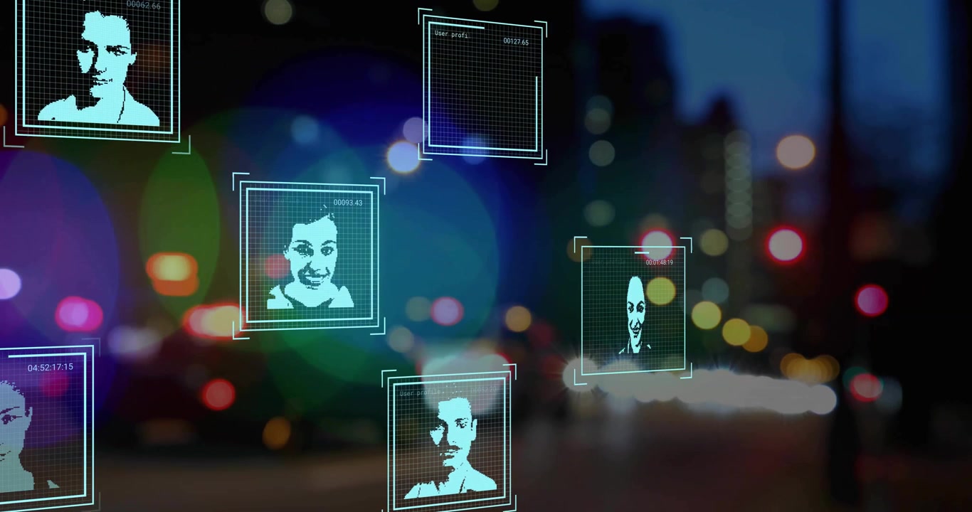 Animation of data processing with people portraits over cars on street with bokeh