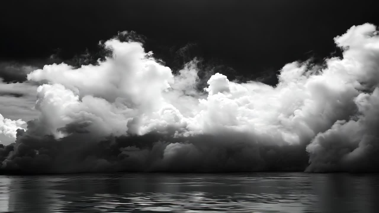 A black and white photo of a cloudy sky with smoke in the background. Scene is somber and mysterious