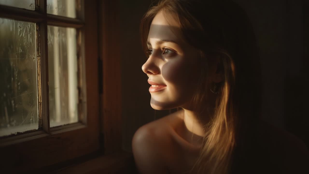 Rispondendo a una fascia di luce, donna che alza lo sguardo e sorride alla finestra di casa indossando un top senza spalline