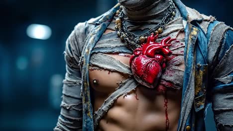 A man with a bloody heart on his chest