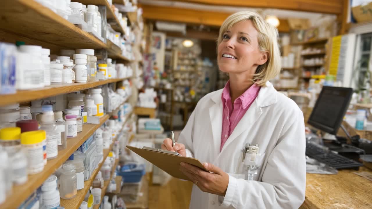 A dedicated pharmacist meticulously reviewing medication inventory while engaged in patient care at a well-organized pharmacy showcasing various pharmaceutical products