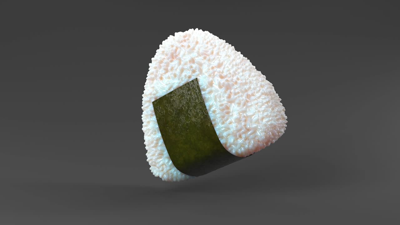 bola de arroz onigiri envuelta en algas nori sobre un fondo negro. animación en 3d capaz de hacer bucles.