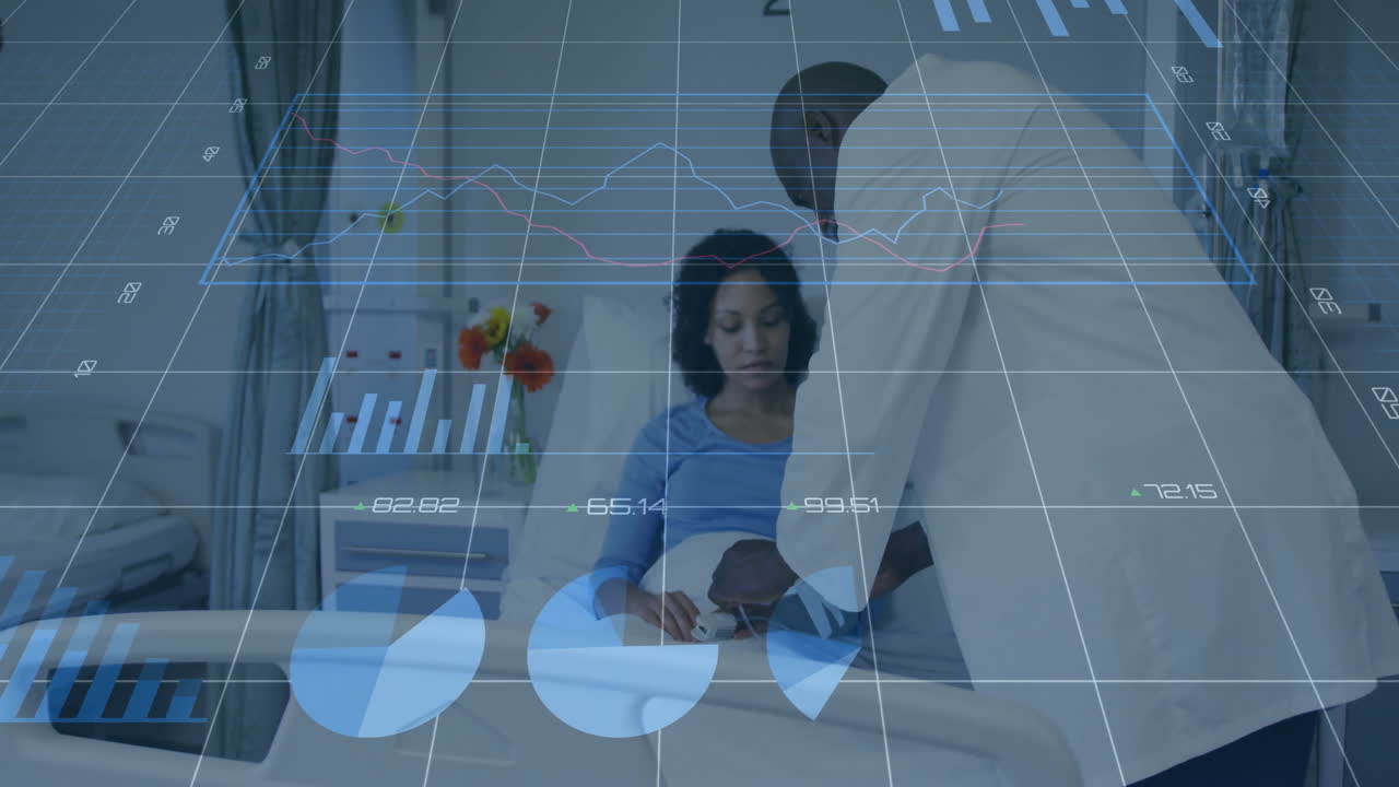 male doctor examining patient in hospital room near IV stand, overlaying animated charts and graphs