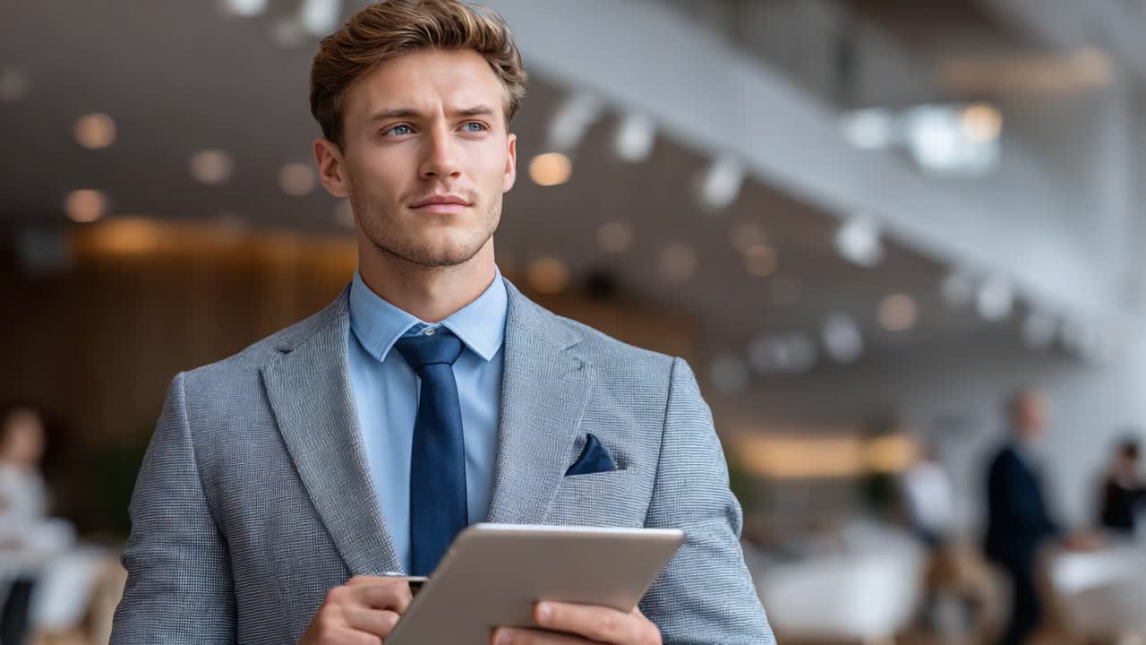 A Confident Business Professional Analyzing Data on a Tablet in a Modern Office Environment with Colleagues in the Background, Reflecting a Focused Work Ethic and Leadership
