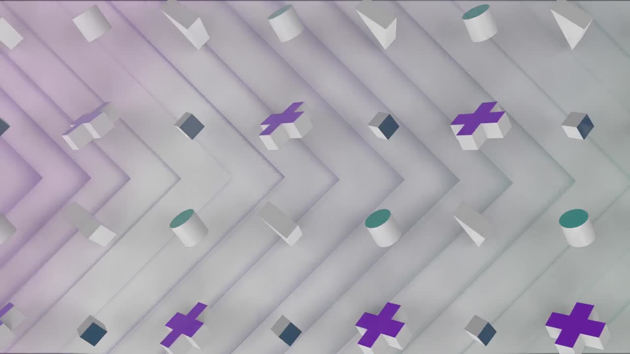 múltiples formas 3d flotando contra triángulos sobre un fondo blanco