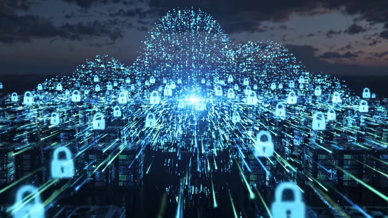 A Stunning Visual Representation of Cloud Computing, Data Flow, and Cybersecurity with Digital Locks and Lights, Showcasing the Future of Technology and Innovation
