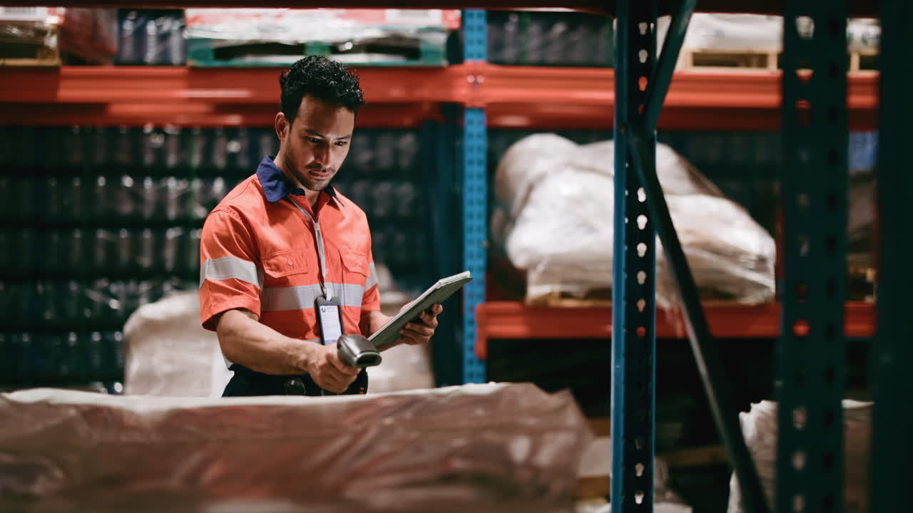 Warehouse Worker Scanning Inventory with Barcode Scanner and Tablet