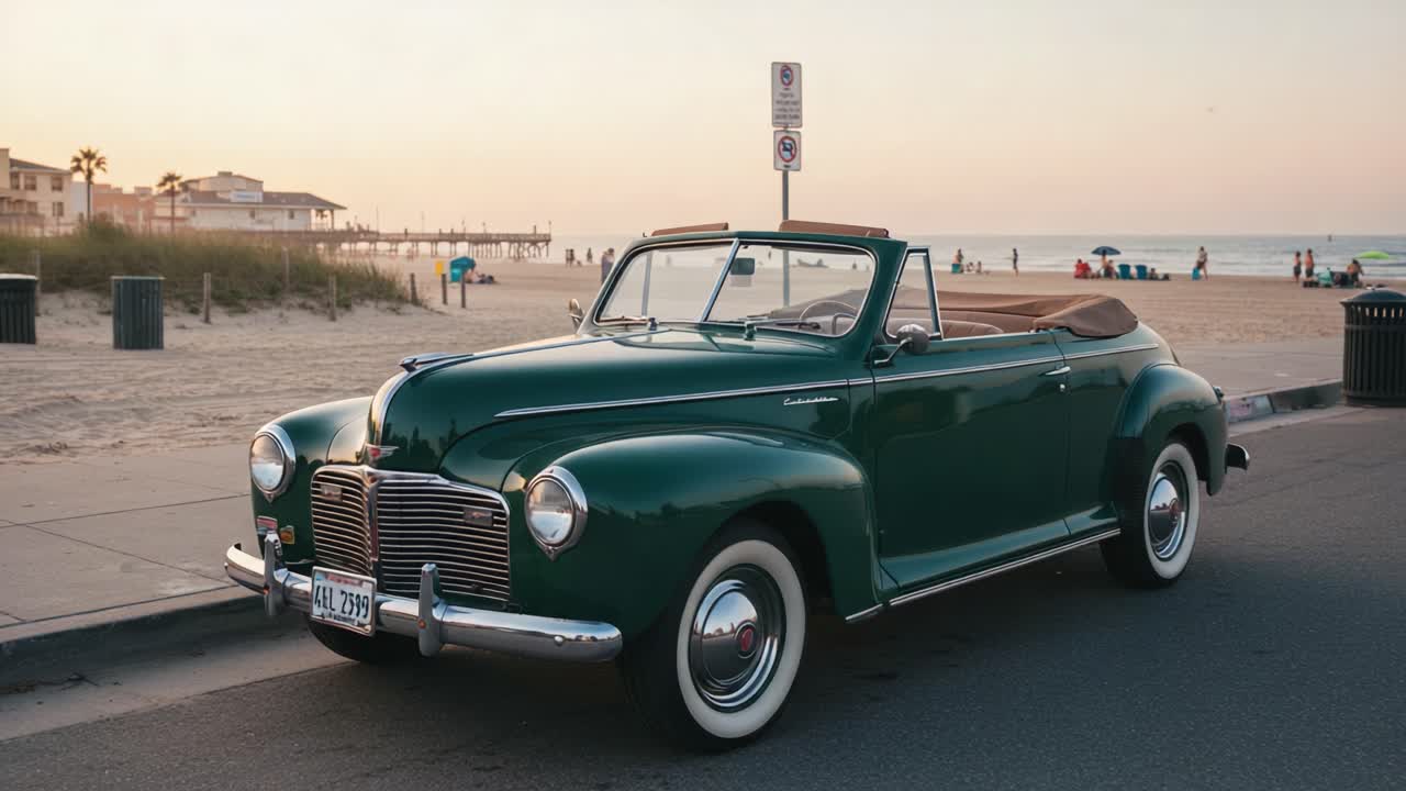 Classic Green Convertible Parked on Beachfront Road During Sunset, Showcasing Timeless Design and Nostalgic Charm of Vintage Automobiles