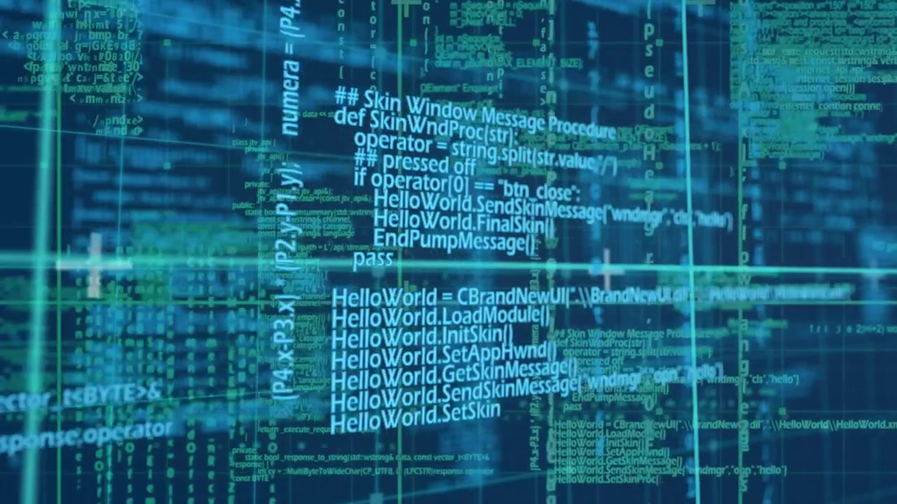 Digital animation of data processing over grid network on blue background