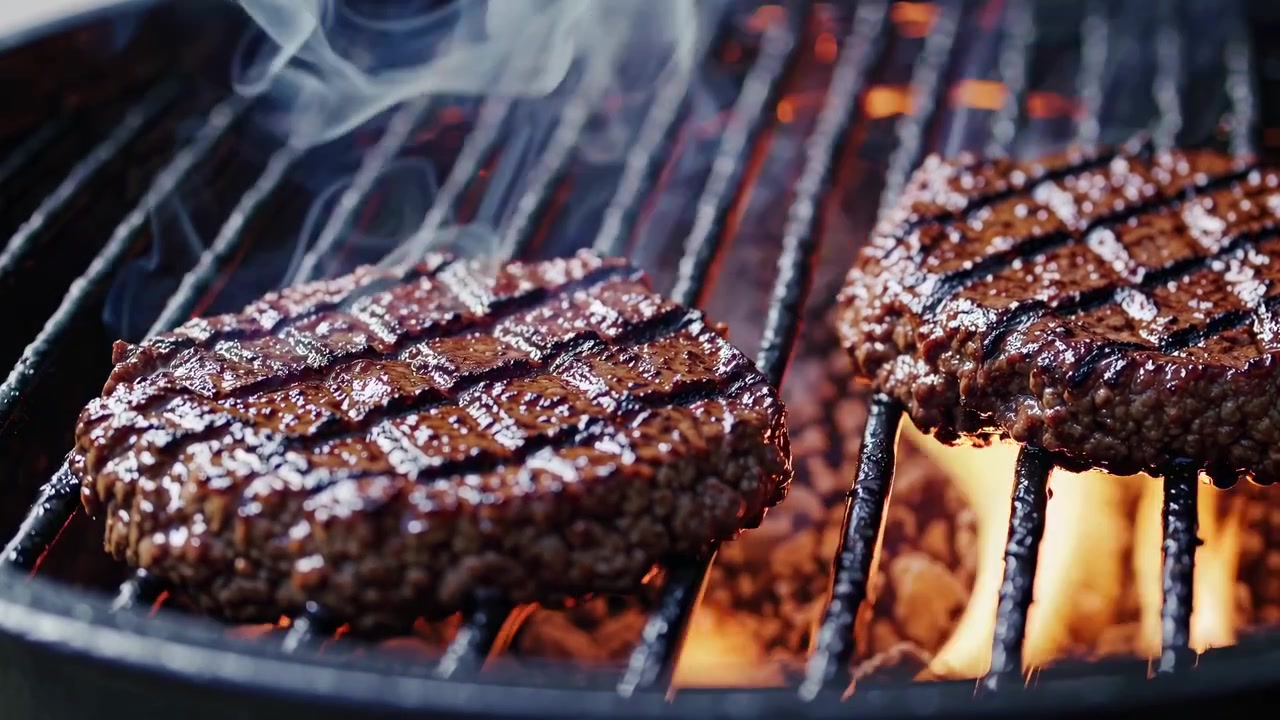 Due polpette di hamburger di manzo che grigliano su fiamme vive