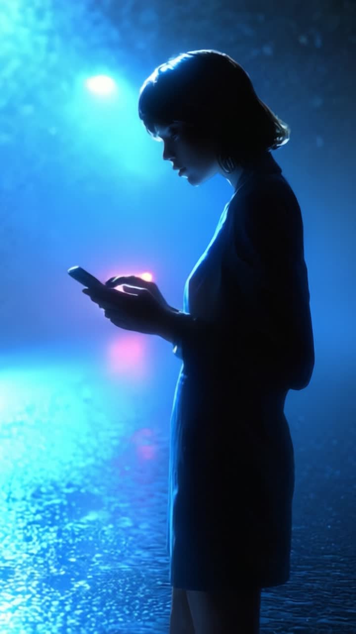 Uma figura solitária está sob luzes neon, absorta em seu smartphone em meio a um cenário urbano chuvoso, criando um contraste marcante de cores e solidão