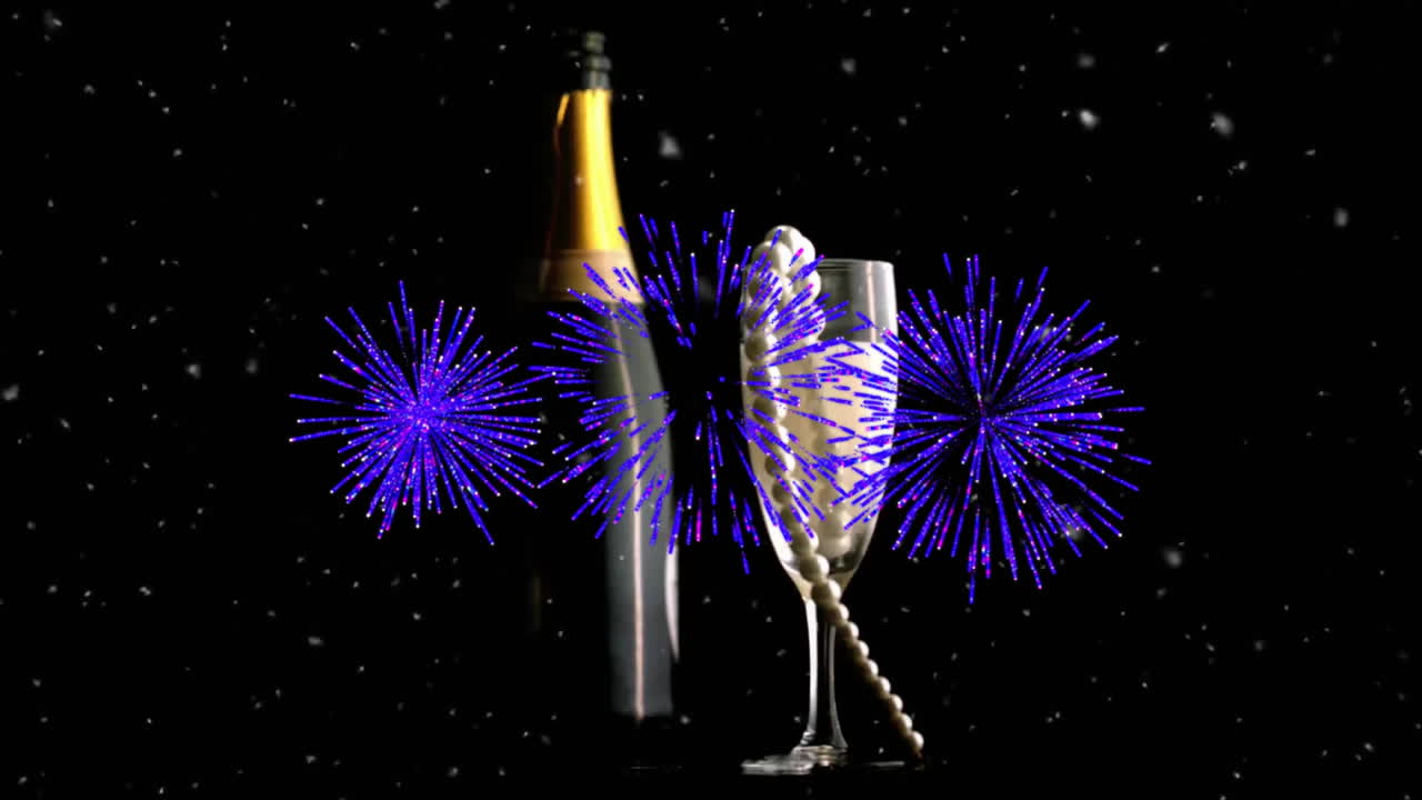 Animación de fuegos artificiales sobre collar de perlas en copa y botella de champán