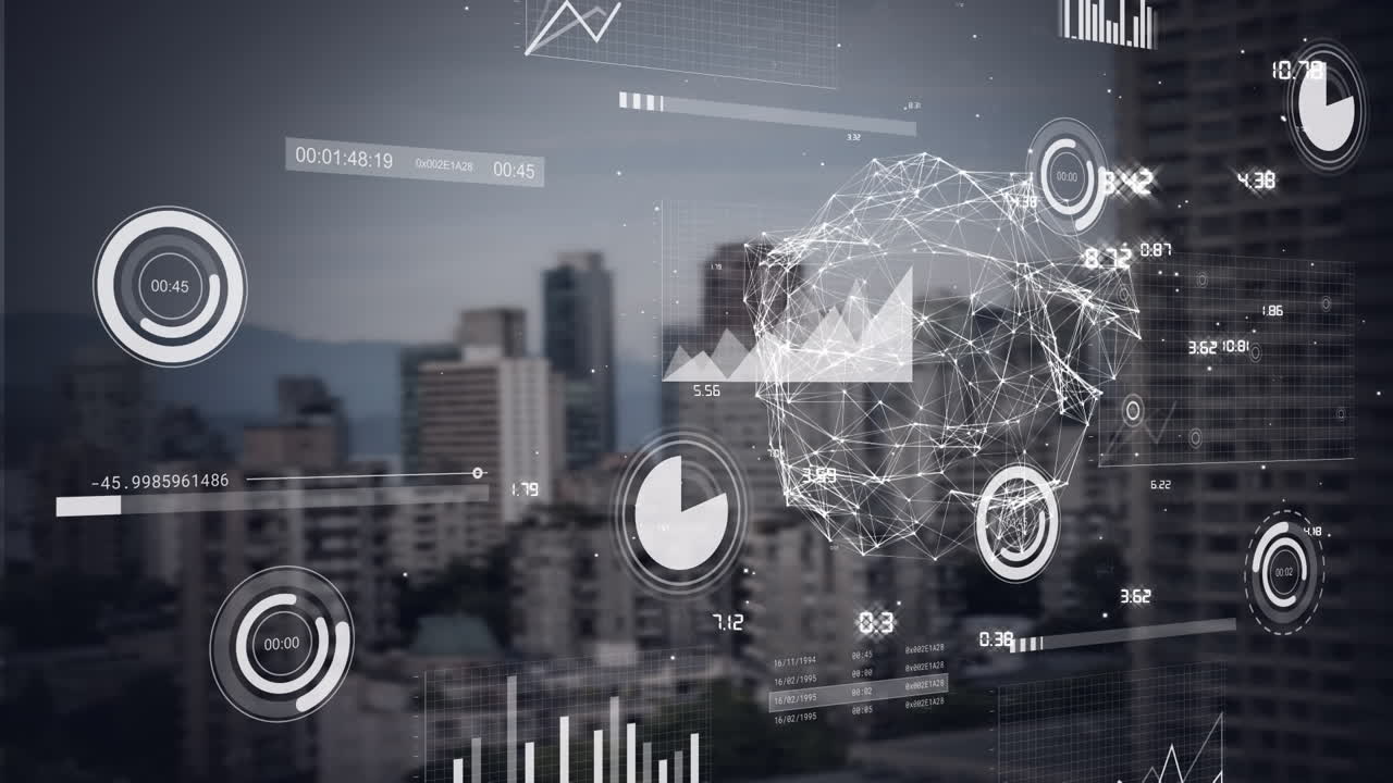 Animation of shape and cityscape over data processing