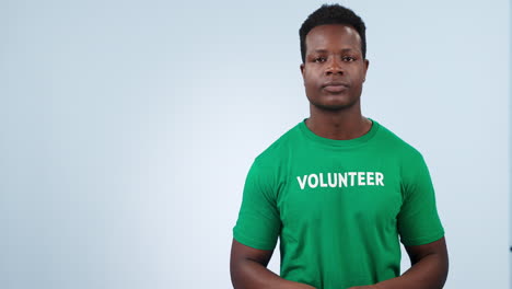 Studio-smile,-black-man-and-volunteer-point