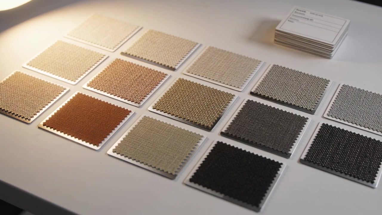 Moving camera, lamp shifting, showing square swatches on white table, stacked cards showing texture