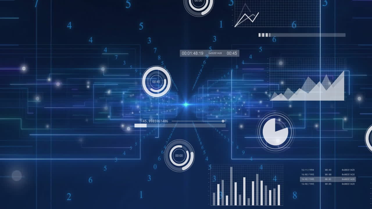 Animation of digital data visualization with charts and graphs on blue background