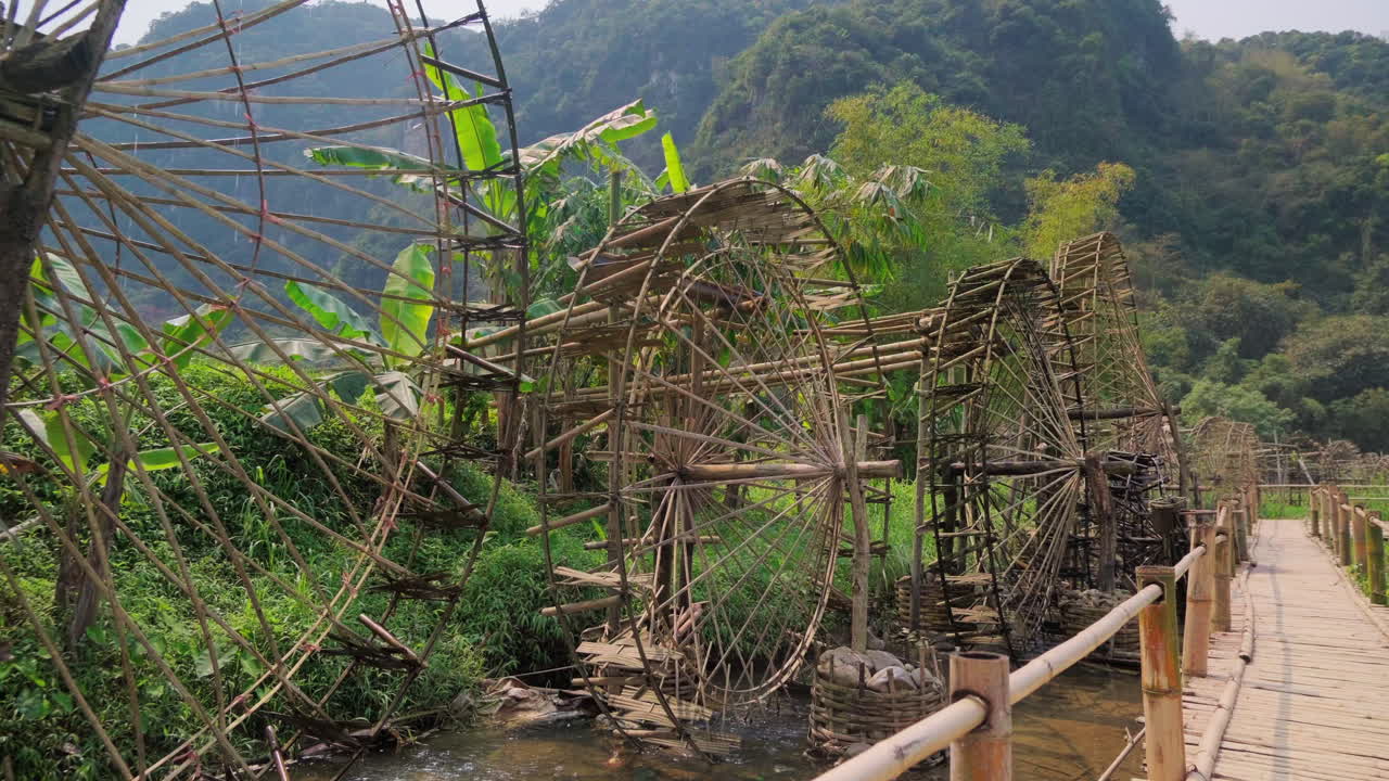 Pu Luong Ancient Water Wheels In Ba Thuoc District, Thanh Hoa Province, Vietnam. Static Shot