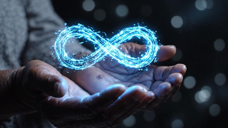 Um Símbolo Luminoso do Infinito Capturado nas Mãos, Representando Possibilidades e Conexões Infinitas Além do Tempo e Espaço em um Cenário Místico e Etéreo