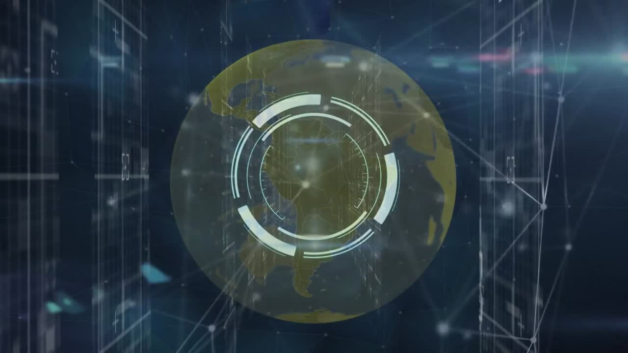 animación de escáner redondo y red de conexiones sobre un globo sobre fondo azul