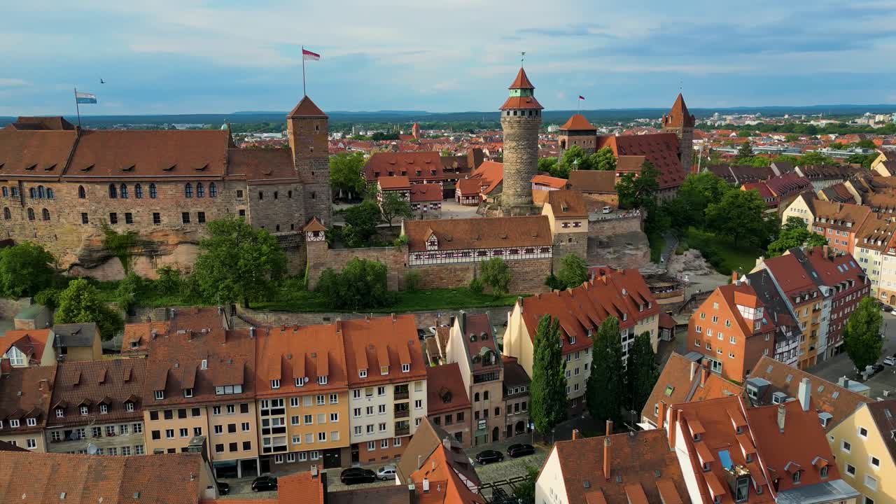 4K Aerial Drone Video of the Imperial Castle Palace and Gardens in Downtown Nurnberg, Germany