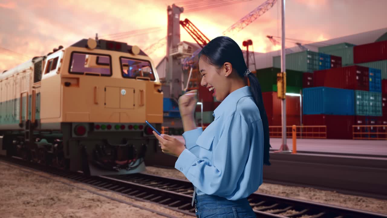 Side View Of Asian Female Professional Worker With Her Smartphone With Freight Cargo Train At Port, She Raises Her Fist Up With Screaming Goal After Check On The Smartphone