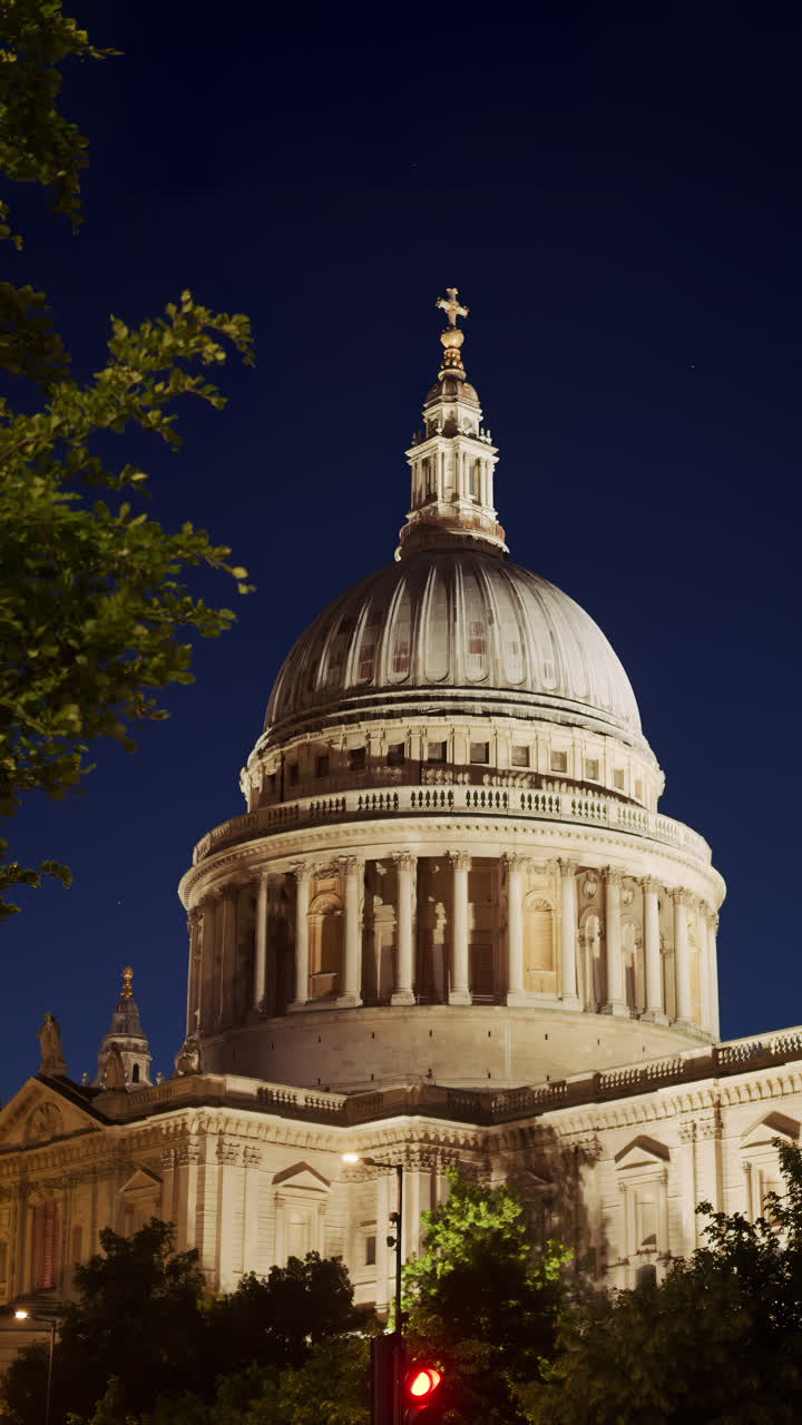 The Dome of St. Paul's Cathedral rising above the trees with the night sky in the background in London, England. Vertical
