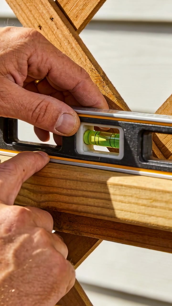 Vertical video: Placing level, ringed hands holding and tapping vial on deck rail centering bubble