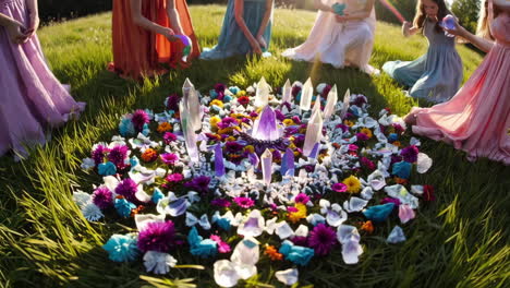 women in circle performing ritual with crystals and flowers